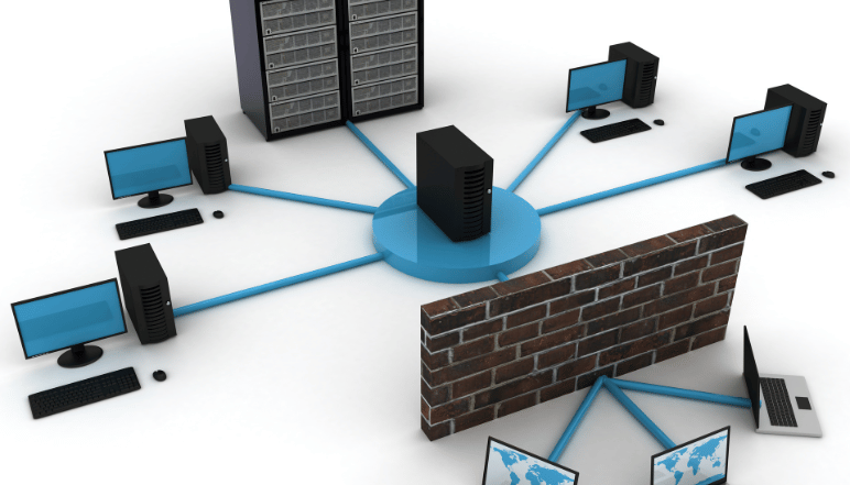 Network diagram illustrating a firewall filtering traffic between external and internal networks, with servers, switches, and client computers connected securely.